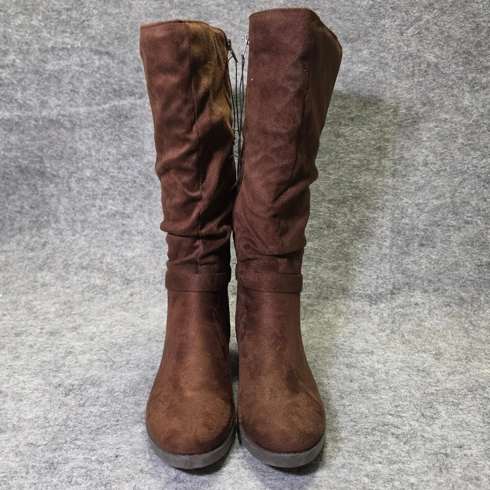 Pop Womens Chambers Boot Faux Suede Brown 8.5M Slouchy‎ Buckle Tall Boots